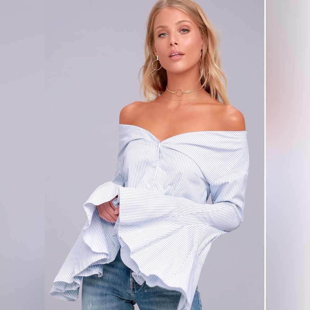 Clear Sailing Blue and White Striped Off-the-Shoulder Top revolve sold out Lulus
